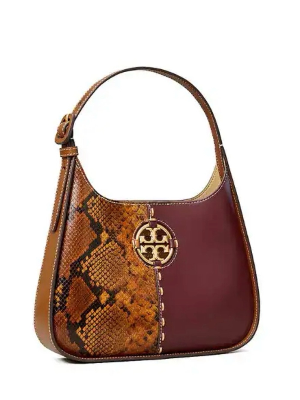Tory Burch Miller Burgundy Leather & Brown Snake-Print Shoulder Bag